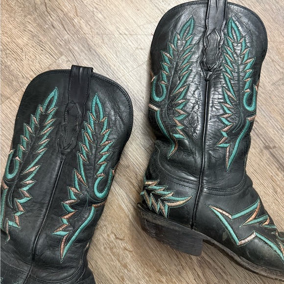 Lucchese Black and Turquoise Snip Toe Western Cowboy Boots Size 7 - Picture 4 of 16